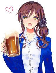 Rule 34 | 1girl, alcohol, beer, beer mug, blue jacket, blush, brown hair, buttons, collarbone, commentary request, cup, dainatsu, dress shirt, hair ornament, hair scrunchie, heart, highres, holding, holding cup, jacket, long hair, long sleeves, looking at viewer, mole, mole under mouth, mug, noel (tsukihime), open clothes, open jacket, open mouth, ponytail, purple scrunchie, scrunchie, shirt, side ponytail, sidelocks, simple background, smile, solo, tongue, tsukihime, tsukihime (remake), upper body, white background, white shirt, yellow eyes