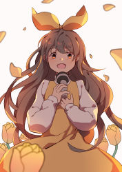 Rule 34 | 1girl, absurdres, bow, brown eyes, brown hair, devotion, dress, du meishin, flower, guoguo, hair bow, hand up, highres, holding, holding microphone, long hair, long sleeves, looking at viewer, microphone, open mouth, shirt, simple background, solo, standing, white background, white shirt, yellow bow, yellow dress, yellow flower