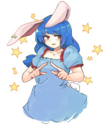 Rule 34 | 1girl, animal ears, blue dress, blue hair, blush, breasts, collarbone, commentary request, cropped legs, dress, earclip, embarrassed, floppy ears, frilled sleeves, frills, ginnkei, long hair, open mouth, puffy short sleeves, puffy sleeves, rabbit ears, rabbit tail, red eyes, seiran (touhou), short sleeves, small breasts, solo, star (symbol), tail, touhou