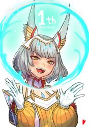 Rule 34 | 1girl, animal ears, anniversary, blush, brown eyes, cat ears, choker, collared dress, core crystal (xenoblade), dress, facial mark, fangs, gloves, grey hair, hands up, highres, nia (xenoblade), open mouth, r123, ribbed dress, short hair, solo, teeth, tiara, whisker markings, white gloves, xenoblade chronicles (series), xenoblade chronicles 2, xenoblade chronicles 3, yellow dress