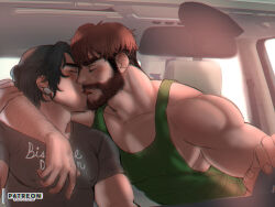 Rule 34 | 2boys, arm around shoulder, bara, beard, blush, brown hair, car interior, closed eyes, clothes writing, couple, covered erect nipples, english text, facial hair, french kiss, from side, goatee stubble, green tank top, grey shirt, hand on another&#039;s arm, kiss, large pectorals, luke (mewniverse), magnum opus (mewniverse), male focus, mature male, mewniverse, multiple boys, muscular, muscular male, mustache, pectoral cleavage, pectorals, sam (mewniverse), shirt, short hair, sideburns, sidepec, steering wheel, stomach, stubble, tank top, thick eyebrows, undercut, upper body, yaoi