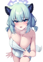 Rule 34 | 1girl, animal ears, blue archive, blush, breasts, cleavage, collarbone, cowboy shot, from above, green hair, halo, highres, large breasts, metaljelly, naked towel, open mouth, purple eyes, purple halo, shigure (blue archive), shigure (hot spring) (blue archive), shirt, simple background, solo, tail, towel, weasel ears, weasel tail, white background, white towel