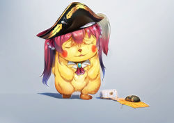 Rule 34 | ascot, bicorne, black hat, brooch, creatures (company), detective pikachu, detective pikachu (movie), game freak, gen 1 pokemon, gradient background, hair ribbon, hat, highres, hololive, houshou marine, jewelry, long hair, mouse (computer), mousepad (medium), nintendo, no humans, parody, pikachu, pirate hat, pokemon, pokemon (creature), red ascot, red hair, red ribbon, ribbon, silly (marinkomoe), solo, spill, twintails, virtual youtuber, wrinkled frown (detective pikachu)