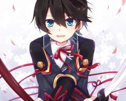 Rule 34 | 10s, 1boy, bad id, bad pixiv id, black hair, blue eyes, double-breasted, horikawa kunihiro, male focus, open mouth, personification, petals, smile, solo, sword, sxupxdxxy, touken ranbu, upper body, weapon