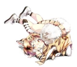 Rule 34 | 1girl, animal ears, animal print, blonde hair, bow, bowtie, brown hair, cat ears, cat girl, cat print, cat tail, commentary request, elbow gloves, fur skirt, gloves, gorilla (bun0615), high-waist skirt, highres, kemono friends, legs up, looking at viewer, lying, multicolored hair, on back, print gloves, print socks, sand cat (kemono friends), shoes, short hair, skirt, sneakers, socks, solo, tail, white bow, white bowtie, yellow eyes