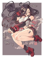 Rule 34 | 1girl, black gloves, black hair, black socks, breasts, brick, clenched hand, commentary, dust, elbow gloves, elbow pads, english commentary, final fantasy, final fantasy vii, fingerless gloves, full body, gauntlets, gloves, highres, large breasts, long hair, looking away, midriff, miniskirt, open mouth, panties, poch4n, red eyes, red footwear, shoes, signature, simple background, skirt, sneakers, socks, solo, suspenders, tank top, teeth, tifa lockhart, underwear, watermark, white panties