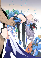 Rule 34 | 1boy, 1girl, asphyxiation, bad id, bad pixiv id, black eyes, black gloves, blue flower, breasts, breasts out, bronya zaychik, bronya zaychik (herrscher of reason), bug, butterfly, clothed female nude male, clothed sex, corpse, cum, cumdrip, death, dress, earrings, elbow gloves, empty eyes, flower, from side, gloves, gradient background, hair ornament, hetero, highres, honkai (series), honkai impact 3rd, insect, jewelry, long hair, necrophilia, nipples, nude, personality (artist), petals, sex, silver hair, simple background, small breasts, suspended congress, thighhighs, tongue, tongue out, white thighhighs