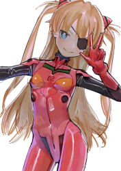 Rule 34 | 1girl, :&gt;, absurdres, blue eyes, bodysuit, breasts, brown hair, cowboy shot, eyepatch, hairpods, highres, long hair, multicolored bodysuit, multicolored clothes, neon genesis evangelion, orange bodysuit, plugsuit, rebuild of evangelion, red bodysuit, saaal653, simple background, sketch, small breasts, smile, solo, souryuu asuka langley, two-tone bodysuit, two side up, v, very long hair, white background