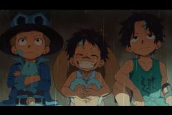 Rule 34 | 3boys, aged down, bandaid, bandaid on cheek, bandaid on face, bandaid on forehead, bandaid on nose, bare shoulders, belt, black hair, blonde hair, brothers, child, crossed arms, facial scar, freckles, goggles, goggles on headwear, grin, hat, highres, monkey d. luffy, multiple boys, one piece, portgas d. ace, qin (7833198), rain, sabo (one piece), scar, scar on cheek, scar on face, shirt, siblings, sitting, sleeveless, smile, straw hat, water drop