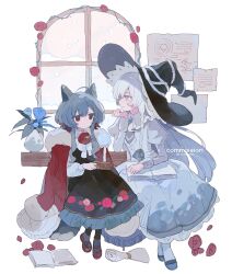 Rule 34 | 2girls, absurdres, ahoge, animal ears, ascot, black dress, black hat, black pantyhose, blue eyes, blue flower, blue footwear, blue hair, blue rose, book, bow, bowtie, braid, brooch, candle, candlestand, cape, child, chuckdaidai, closed mouth, coat, coat on shoulders, collared dress, commission, dress, empty eyes, flower, frilled dress, frills, full body, fur-trimmed cape, fur-trimmed jacket, fur trim, grey dress, grey eyes, grey hair, hair ornament, hairclip, hat, highres, holding, indoors, jacket, jewelry, juliet sleeves, long hair, long sleeves, looking at another, mary janes, multiple girls, open book, original, pantyhose, paper, plant, puffy long sleeves, puffy sleeves, quill, red cape, red eyes, red flower, red footwear, red jacket, red rose, ribbon, rose, shirt, shoes, short hair, short hair with long locks, sitting, tail, very long hair, white background, white dress, white hair, white shirt, window, witch, witch hat, wolf ears