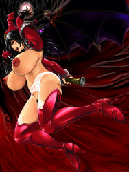 Rule 34 | 1girl, arm up, bastard!!, black hair, boots, breastless clothes, breasts, demon girl, elbow gloves, energy, female focus, female pubic hair, fingernails, garter belt, gloves, hat, high heel boots, high heels, highres, holding, jester cap, large areolae, large breasts, legs, lipstick, long fingernails, long hair, looking at viewer, makeup, navel, nipples, no bra, no panties, open mouth, porno dianno, pubic hair, red eyes, red thighhighs, shisshou senkoku, solo, sword, thigh boots, thighhighs, thighs, weapon, wings