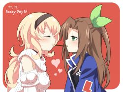 Rule 34 | 10s, 2girls, blonde hair, blush, bow, brown hair, compa, food, green eyes, hair bow, hair ornament, hairband, heart, if (neptunia), imo soba, long hair, mouth hold, multiple girls, neptune (series), pocky, pocky day, pocky kiss, ribbon, shared food, sweater, yuri