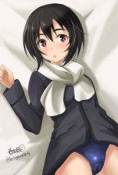 Rule 34 | 1girl, artist name, bad id, bad twitter id, bed, black eyes, black hair, blue jacket, blue one-piece swimsuit, brave witches, crotch seam, from above, haruhata mutsuki, jacket, long sleeves, looking at viewer, lying, military, military uniform, no pants, on back, one-piece swimsuit, parted lips, school swimsuit, shimohara sadako, short hair, signature, solo, swimsuit, twitter username, uniform, world witches series