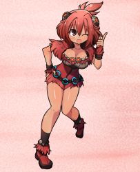 Rule 34 | 1girl, black legwear, borokuro, breasts, camerupt, cleavage, creatures (company), game freak, gen 3 pokemon, gradient background, hair ornament, hand on own hip, highres, large breasts, nintendo, one eye closed, open mouth, personification, pink eyes, pointing, pointing up, pokemon, red hair, shoes, solo