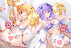 Rule 34 | 2girls, 4boys, :q, ;), alternate costume, arm up, armpits, ass, bare shoulders, blue archive, blue eyes, blush, bottomless, bow, braid, breasts, censored, character name, cheerleader, choujigen game neptune, cleavage, collar, commentary, cosplay, covered erect nipples, criss-cross halter, crop top, cross-section, cum, cum in pussy, cum on body, detached collar, emblem, english commentary, facial, facing viewer, fanbox username, gabriel evangel, hair bow, hair ornament, hair ribbon, hair rings, halterneck, hand up, heart, heart-shaped pupils, heart censor, hetero, highres, impregnation, knees up, large breasts, legs, long hair, looking afar, lying, m legs, medium breasts, microskirt, midriff, millennium cheerleader outfit (blue archive), miniskirt, mixed-language commentary, multiple boys, multiple girls, navel, neptune (neptunia), neptune (series), no bra, no panties, on back, one eye closed, orange bow, orange hair, orange heart (neptunia), patreon username, pleated skirt, pom pom (cheerleading), power symbol, purple hair, purple heart (neptunia), ribbon, sex, shin jigen game neptune vii, shirt, skindentation, skirt, sleeveless, sleeveless shirt, smile, solo, spread legs, striped clothes, striped thighhighs, symbol-shaped pupils, tennouboshi uzume, thighhighs, thighs, tongue, tongue out, torso grab, trembling, twin braids, twintails, upskirt, vaginal, white background, white thighhighs