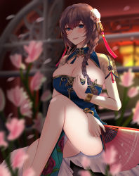 Rule 34 | 1girl, alternate costume, alternate hairstyle, arm across waist, azur lane, bad id, bad pixiv id, bangle, bare legs, black legwear, blue dress, blue eyes, blush, bracelet, braid, breasts, bun cover, chin gero, china dress, chinese clothes, cleavage, cleavage cutout, clothing cutout, crossed ankles, curacoa (eastern grace) (azur lane), curacoa (azur lane), curacoa (eastern grace) (azur lane), double bun, dress, flats, flower, folding fan, full body, gold, gold trim, hair between eyes, hair bun, hair ornament, hand fan, highres, holding, holding fan, jewelry, large breasts, long hair, looking at viewer, night, nipple slip, nipples, open mouth, outdoors, pelvic curtain, pink flower, purple hair, side braid, sidelocks, sitting, smile, solo, thighs, turret