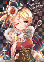 Rule 34 | 10s, 1girl, 2015, ;), ace (playing card), ace of hearts, ayase eli, blonde hair, blue eyes, blush, card, checkered background, confetti, cross-laced clothes, crown, dated, detached collar, earrings, facial mark, flower, fur trim, gloves, hair flower, hair ornament, hand on own hip, happy birthday, heart, jewelry, long hair, looking at viewer, love live!, love live! school idol festival, love live! school idol project, multiple girls, niwasane (saneatsu03), one eye closed, playing card, ponytail, sidelocks, smile, snow, solo, twitter username, upper body, white gloves