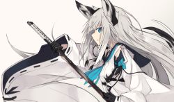 Rule 34 | 1girl, animal ears, azur lane, baggy clothes, black gloves, black sailor collar, black tipped ears, black tipped tail, blue neckerchief, blue skirt, breasts, crossed bangs, detached sleeves, eyebrows, fox ears, fox tail, from side, gloves, holding, holding sword, holding weapon, image sample, katana, kawakaze (azur lane), long hair, looking at viewer, nagishiro mito, neckerchief, open mouth, ribbon-trimmed clothes, ribbon-trimmed sleeves, ribbon trim, sailor collar, shirt, silver hair, silver tail, skirt, small breasts, solo, sword, tail, tumblr sample, weapon