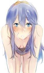 Rule 34 | 1girl, all fours, bent over, blue eyes, blue hair, breasts, cleavage, cum, cum on hair, downblouse, facial, fire emblem, fire emblem awakening, leaning forward, long hair, looking at viewer, lucina (fire emblem), matching hair/eyes, nintendo, non-web source, simple background, sketch, small breasts, solo, tusia, white background