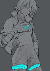 Rule 34 | 1boy, android, aqua eyes, grey background, greyscale, hand on own chest, heart, highres, jacket, looking at viewer, male focus, merogupi, monochrome, napstablook, open clothes, open jacket, simple background, smile, solo, turtleneck, undertale