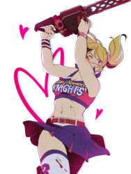 Rule 34 | 1girl, belt, blonde hair, blood, blood on clothes, blood on face, blue eyes, breasts, chainsaw, cleavage, commentary, english commentary, hanpetos, heart, holding, holding chainsaw, juliet starling, lollipop chainsaw, medium breasts, midriff, miniskirt, navel, one eye closed, red belt, skirt, solo, thighhighs, toned, twintails, white thighhighs, zettai ryouiki