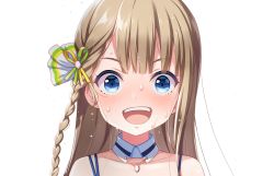 Rule 34 | 1girl, blonde hair, blue eyes, blush, braid, close-up, collar, collarbone, cygames, detached collar, flying sweatdrops, hair ornament, hair strand, highres, idoly pride, long hair, looking ahead, looking at viewer, narumiya suzu, official art, open mouth, smile, strap, sweat, teeth, transparent background, upper teeth only, very sweaty