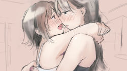 Rule 34 | 2girls, armpits, black hair, blush, camisole, eye contact, half-closed eyes, height difference, long hair, looking at another, multiple girls, open mouth, original, saliva, saliva trail, sepia, yui 7, yuri