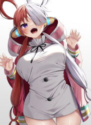 Rule 34 | 1girl, behind-the-head headphones, blush, breasts, claw pose, dress, dutch angle, hair over one eye, hair rings, hands up, headphones, highres, ia 1928, large breasts, looking at viewer, low twintails, multicolored hair, one piece, one piece film: red, open mouth, purple eyes, red hair, short dress, simple background, solo, split-color hair, twintails, two-tone hair, uta (one piece), v-shaped eyebrows, white dress, white hair