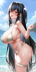 Rule 34 | 1girl, absurdres, ahoge, azur lane, black hair, blue sky, breasts, cloud, day, from side, highres, huanyi huanhuanzi, large breasts, long hair, navel, ocean, one side up, open mouth, outdoors, red eyes, skindentation, sky, solo, stomach, strap gap, sunlight, taihou (azur lane), taihou (seaside daydreams) (azur lane), thigh strap, tongue, tongue out, very long hair, wet