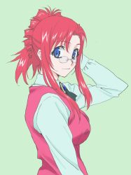 Rule 34 | 1girl, black bow, black bowtie, blue eyes, bow, bowtie, collared shirt, drill hair, from side, glasses, green background, hair behind ear, highres, kazami mizuho, looking at viewer, onegai teacher, red hair, red vest, shirt, smile, solo, upper body, vest, warder2013, white shirt