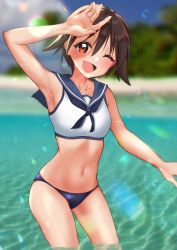 Rule 34 | 1girl, absurdres, armpits, beach, blush, breasts, brown eyes, brown hair, collarbone, highres, kuroniko, looking at viewer, miyafuji yoshika, navel, ocean, one eye closed, open mouth, outdoors, sailor bikini, sailor collar, short hair, sleeveless, small breasts, smile, solo, strike witches, wading, world witches series