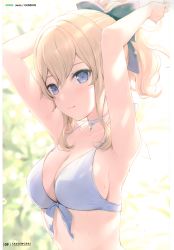 Rule 34 | 1girl, 6u (eternal land), absurdres, armpits, arms up, bikini, bikini top only, blonde hair, blue eyes, blurry, blurry background, blush, bow, breasts, character name, choker, cleavage, closed mouth, collarbone, genshin impact, hair bow, highres, jean (genshin impact), large breasts, lips, long hair, looking at viewer, page number, ponytail, rain, scan, simple background, smile, solo, swimsuit, upper body, water, water drop, wet