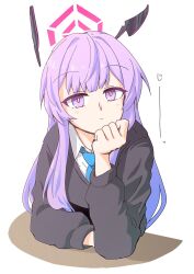 Rule 34 | 1girl, blue archive, blush, closed mouth, floating headgear, halo, hariyaa, head rest, headgear, highres, long hair, long sleeves, looking at viewer, necktie, purple eyes, purple hair, simple background, sitting, smile, solo, utaha (blue archive), white background