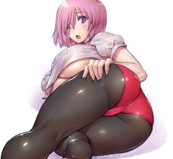 Rule 34 | 1girl, alternate costume, amania orz, ass, ass grab, blush, breasts, cameltoe, fate/grand order, fate (series), from behind, grabbing own ass, hair over one eye, huge ass, large breasts, light purple hair, looking at viewer, looking back, lying, mash kyrielight, on side, open mouth, pantyhose, shiny skin, short hair, simple background, solo, underboob, white background