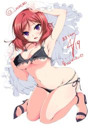 Rule 34 | 10s, 1girl, arm up, armpits, bad id, bad twitter id, bikini, blush, breasts, cleavage, covered erect nipples, curvy, dated, full body, high heels, jewelry, kneeling, large breasts, looking at viewer, love live!, love live! school idol project, nail polish, navel, necklace, ninoko, nishikino maki, open mouth, purple eyes, red hair, sandals, shoes, short hair, simple background, smile, solo, swimsuit, toenail polish, toenails, towel, twitter username, underboob, white background, wide hips