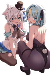 Rule 34 | 2girls, ass, blue eyes, blue hair, cosplay, costume switch, female, hakushika iori, huge ass, kaminari clara, large butt, leotard, looking back, multiple girls, phase connect, phase connect jp, playboy bunny, rabbit ears, rabbit tail, squatting, suzuuchi tall, virtual youtuber, white hair, wide hips