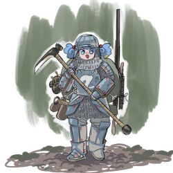 Rule 34 | 1girl, alternate costume, armor, armored boots, blue eyes, blue hair, boots, breastplate, chainmail, commentary request, explosive, faulds, frogsnake, full body, gauntlets, grenade, helmet, hoe, holding hoe, kawashiro nitori, leg armor, looking at viewer, medium bangs, open mouth, pauldrons, short hair, shoulder armor, smile, solo, touhou
