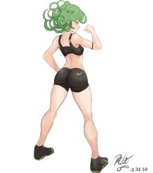 Rule 34 | 1girl, 2020, ass, black footwear, black shorts, black tank top, curly hair, dated, determined, green eyes, gym shorts, highres, nike (company), one-punch man, rakeemspoon, short shorts, shorts, signature, simple background, solo, sports bra, tank top, tatsumaki, thighs, white background