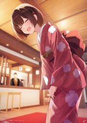 Rule 34 | 1boy, 1girl, absurdres, blush, bowing, brown hair, closed eyes, commentary, dot nose, floral print, flower, hair flower, hair ornament, han&#039;eri, highres, indoors, japanese clothes, kimono, mole, mole under eye, obi, obidome, obijime, open mouth, original, own hands together, pink kimono, print kimono, sash, short hair, siokazunoko, smile, solo focus, swept bangs, wide sleeves