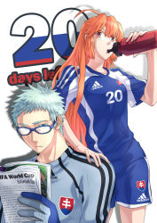 Rule 34 | 1boy, 1girl, 2010 fifa world cup, ahoge, bad id, bad pixiv id, bliss (ferment factory), blue hair, colored eyelashes, cross, glasses, gloves, highres, long hair, orange hair, red eyes, shirt, short hair, shorts, slovakia, striped clothes, striped shirt, two-barred cross, world cup