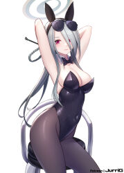 Rule 34 | 1girl, animal ears, armpits, arms behind head, black leotard, blue archive, bow, bowtie, breasts, cleavage, covered navel, detached collar, eyewear on head, fake animal ears, grey hair, hair over one eye, halo, jurrig, large breasts, leotard, long hair, looking at viewer, mina (blue archive), pantyhose, playboy bunny, rabbit ears, simple background, solo, strapless, strapless leotard, sunglasses, white background