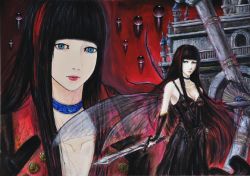 Rule 34 | 1girl, artist request, black hair, blue eyes, choker, dress, fairy wings, female focus, j-rock, lipstick, long hair, looking at viewer, makeup, multicolored hair, musician, realistic, solo, straight hair, sword, traditional media, two-tone hair, weapon, wings, yousei teikoku, yui (yousei teikoku)