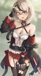 Rule 34 | 1girl, blouse, brown thighhighs, commentary request, fingerless gloves, garter straps, gloves, hair between eyes, highres, hololive, mask, one eye closed, plaid, plaid skirt, red eyes, red skirt, sakamata chloe, shirt, skirt, solo, thighhighs, torn clothes, torn thighhighs, unworn mask, virtual youtuber, white shirt, yamikyon