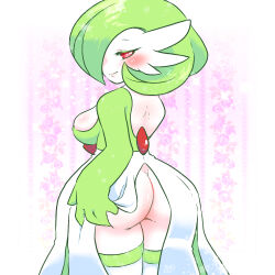 Rule 34 | 1girl, artist name, ass, ass grab, back, blush, bob cut, breasts, closed mouth, clothed pokemon, colored eyelashes, colored skin, cowboy shot, creatures (company), female focus, floral background, from behind, game freak, gardevoir, gen 3 pokemon, geturouka9b, grabbing own ass, green hair, green skin, green trim, hair over one eye, half-closed eyes, happy, looking at viewer, looking back, medium breasts, multicolored skin, nintendo, one eye covered, pink background, pokemon, pokemon (creature), red eyes, short hair, signature, skindentation, smile, solo, standing, thighhighs, two-tone skin, white skin, white thighhighs, wide hips