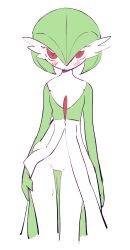 Rule 34 | 1girl, absurdres, blush, colored skin, commentary, creatures (company), cropped legs, dress, eds, english commentary, game freak, gardevoir, gen 3 pokemon, green skin, highres, looking at viewer, multicolored skin, nintendo, open mouth, pokemon, pokemon (creature), red eyes, simple background, sketch, solo, standing, thigh gap, white background, white skin
