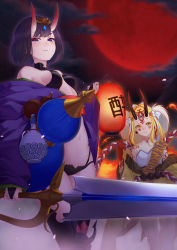 Rule 34 | 2girls, absurdres, bare shoulders, beads, blonde hair, blush, bob cut, breasts, collarbone, earrings, eyeliner, facial mark, fate/grand order, fate (series), fiery hair, forehead, forehead mark, full moon, hair pulled back, hair ribbon, headpiece, highres, horns, ibaraki douji (fate), japanese clothes, jewelry, kimono, kirou (kiruyuu1210), lantern, long hair, long sleeves, looking at viewer, makeup, moon, multiple girls, navel, night, night sky, off shoulder, oni, open clothes, open kimono, paper lantern, parted lips, purple eyes, purple hair, purple kimono, red moon, revealing clothes, ribbon, sash, short hair, shuten douji (fate), skin-covered horns, sky, small breasts, smile, sword, tattoo, thighs, weapon, white ribbon, wide sleeves, yellow eyes, yellow kimono