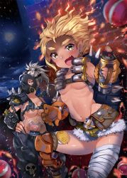 Rule 34 | 2girls, :3, animal print, arm wrap, armor, bandaged arm, bandaged leg, bandages, belt, belt pouch, bikini, bikini top only, black bikini, black panties, blush, bomb, breasts, buckle, canteen, chain, cleavage, cloud, cloudy sky, collarbone, cowboy shot, explosion, explosive, fang, fiery hair, fingerless gloves, fingernails, fire, full moon, fur-trimmed shorts, fur trim, gas mask, genderswap, genderswap (mtf), glint, gloves, green shorts, grenade, groin, hair ornament, hair tie, half-closed eyes, hand on own hip, harness, high ponytail, highleg, highleg panties, highres, jewelry, junkrat (overwatch), large breasts, leg up, leg wrap, looking at viewer, mask, mask on head, mechanical arms, mechanical hands, mechanical legs, midriff, moon, multiple girls, nail, nail polish, navel, night, night sky, open mouth, orange gloves, outdoors, overwatch, overwatch 1, panties, pants, pauldrons, peg leg, pig, pig tattoo, plate, pointy ears, ponytail, pouch, roadhog (overwatch), short hair, short ponytail, shorts, shoulder armor, sickle, silver hair, single fingerless glove, single mechanical arm, single mechanical hand, single mechanical leg, sky, small breasts, smile, spiked hair, spikes, standing, standing on one leg, star (sky), starry sky, stomach, stomach tattoo, strap, strap gap, swimsuit, tattoo, thick eyebrows, tire, topless, unbuckled, underwear, usagihime, weapon, weapon on back, x navel, yellow eyes
