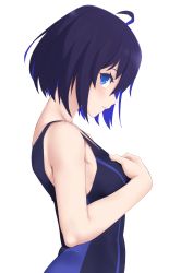 Rule 34 | 1girl, ahoge, bare arms, bare shoulders, black hair, black one-piece swimsuit, blue eyes, blue hair, blush, breasts, chinese commentary, colored inner hair, commentary, from side, hair between eyes, hand up, highres, honkai (series), honkai impact 3rd, jilu, looking at viewer, looking to the side, multicolored hair, one-piece swimsuit, parted lips, profile, seele vollerei, short hair, simple background, small breasts, solo, swimsuit, two-tone hair, upper body, white background