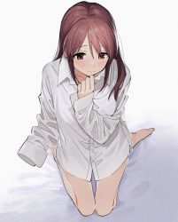Rule 34 | 1girl, bare legs, barefoot, blush, borrowed clothes, collarbone, female focus, highres, holding, holding clothes, holding shirt, idolmaster, idolmaster cinderella girls, kneeling, long sleeves, looking away, looking down, mifune miyu, momose (oqo), no pants, oversized clothes, oversized shirt, red hair, shirt, simple background, sitting, sleeves past fingers, sleeves past wrists, solo, wariza, white shirt