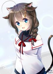 Rule 34 | 1girl, ahoge, animal ear fluff, animal ears, arms behind back, bare shoulders, blue eyes, blush, braid, breasts, brown hair, cat ears, cat tail, commentary, denim, denim skirt, hair flaps, hair ornament, hair over shoulder, highres, joujou, kantai collection, looking at viewer, medium breasts, off-shoulder shirt, off shoulder, open mouth, red ribbon, ribbon, shigure (kancolle), shigure kai ni (kancolle), shirt, single braid, skirt, sleeveless, sleeveless shirt, solo, sparkle, standing, tail, twitter username